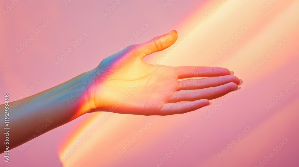 Poster hand reaching out with colorful light reflection against a soft pink background creating a serene an
