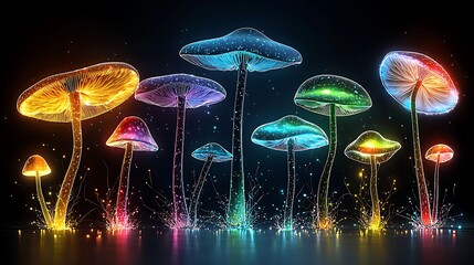Glowing rainbow mushrooms in dark background.