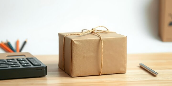 A close-up shot of a plain brown cardboard box with a simple string tied around it, isolated, workspace, shipping