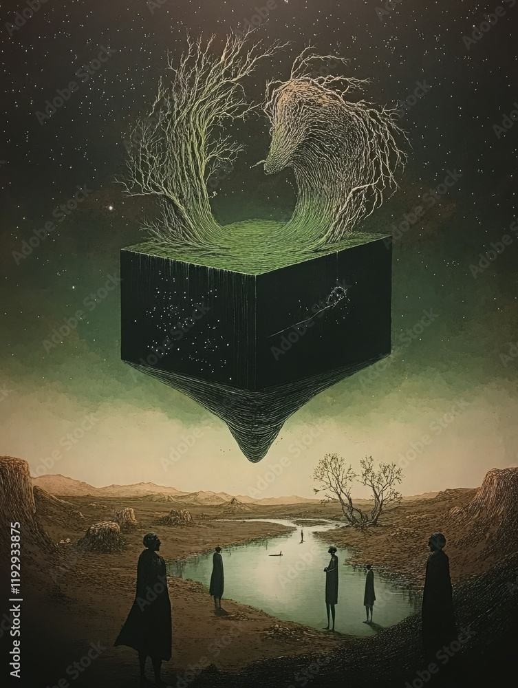 Poster surreal landscape featuring a floating cube with a tree and figures by a river.