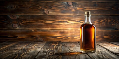 Naklejka premium Amber liquid in a glass bottle on rustic wooden surface