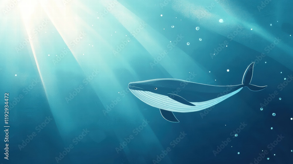 Poster gentle giant swims gracefully underwater in a serene ocean environment with sunlight streaming from 