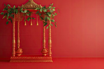Fototapeta premium Traditional symbol Gudhi for Indian New Year festival Gudi Padwa (Ugadi) with red screen. 3d render modern, copy-space 