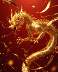 Golden Dragon Lunar New Year Poster - 3D Zodiac Design for Festive Posters and Calendar Art.