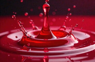 Close-up. A large drop of water has fallen into a red liquid. We see the drop in the middle and how the red liquid splashes out in all directions, as if it were an explosion