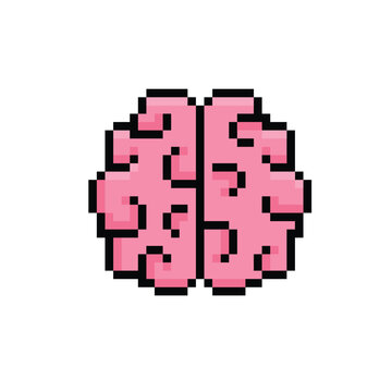pixel brain icon. Vector pixel art brain 8 bit logo for game