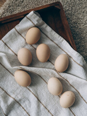 Chicken eggs lie on a kitchen towel
