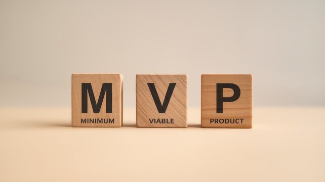 Wooden cubes spelling out the acronym MVP representing the minimum viable product concept in business development and startup strategy  This image symbolizes the planning process