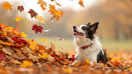 Obraz premium Playful dog enjoying autumn leaves in a vibrant park