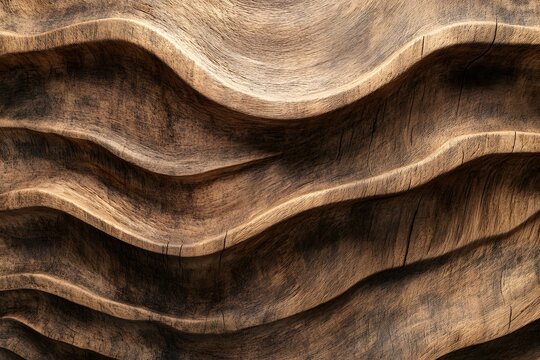 Abstract dark brown wood texture with carved wavy pattern.