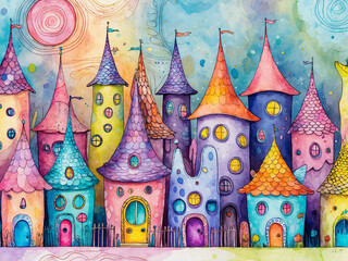 Whimsical illustration of colorful fantasy houses with playful shapes and vibrant details under a bright sun.