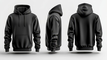 Black hoodie mockup shown from three angles front, side, and back.
