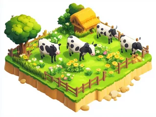 Isometric farm paddock with cows in a mobile casual game style isolated on a white background with soft render