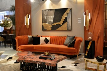 A contemporary living room with a chic and inviting sofa set against a backdrop of modern interior design. MZ