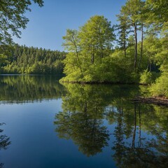 A tranquil lake reflecting a bright green forest under a clear blue sky.