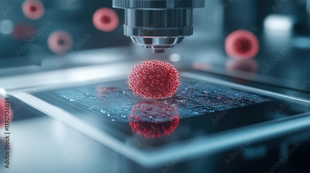 Poster Close-up View of Red Bacteria Under Microscope with Digital Projection Observing Microbial Structures and Cellular Activity in Advanced Laboratory Setting