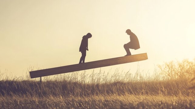 A conceptual image of a person balancing work and leisure on a seesaw, Work-Life Balance scene, Playful style