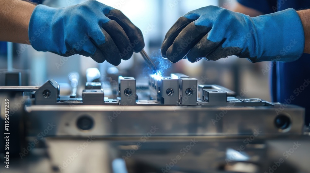 Poster two factory workers in gloves assembling metal components on a workbench, using specialized tools an
