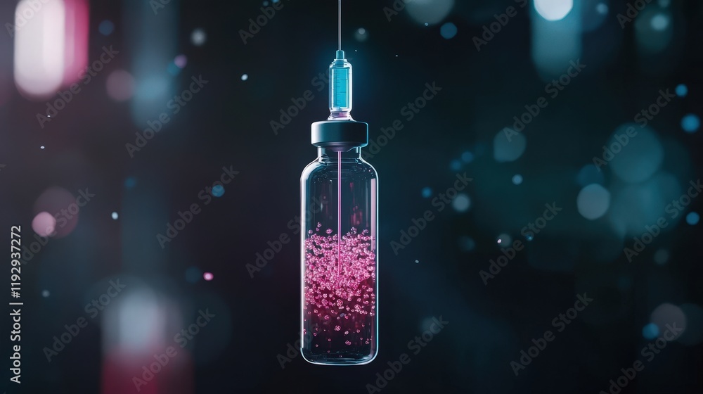 Poster Neon Glow of a Glass Vial with Colorful Bubbles, a Syringe in Suspended Animation, Creating a Mystical and Futuristic Atmosphere in a Laboratory Setting