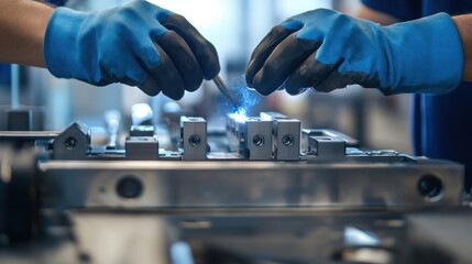 Two factory workers in gloves assembling metal components on a workbench, using specialized tools and creating sparks, highlight precision and teamwork in manufacturing