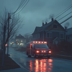 Obraz premium Emergency Vehicle on Rainy Street at Night