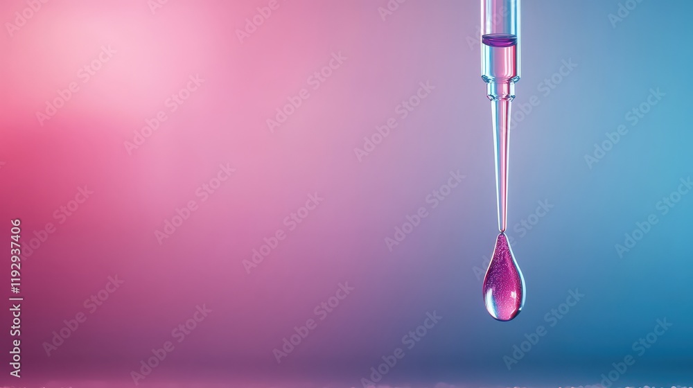 Poster Close-Up of a Laboratory Pipette Dropping a Colorful Liquid Against a Soft Gradient Background, Showcasing Precision in Scientific Experimentation