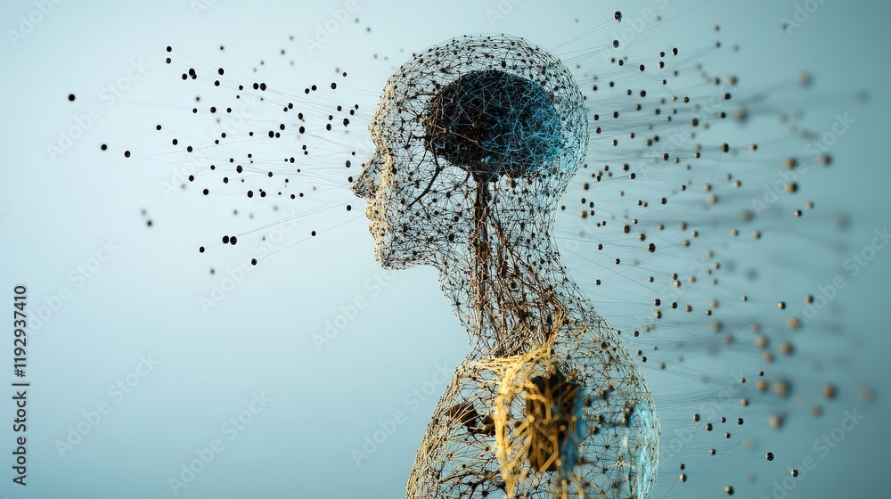 Poster Abstract Representation of Human Mind and Thoughts in a Futuristic and Digital Style with Lines, Dots and 3D Networked Structure Against a Soft Gradient Background