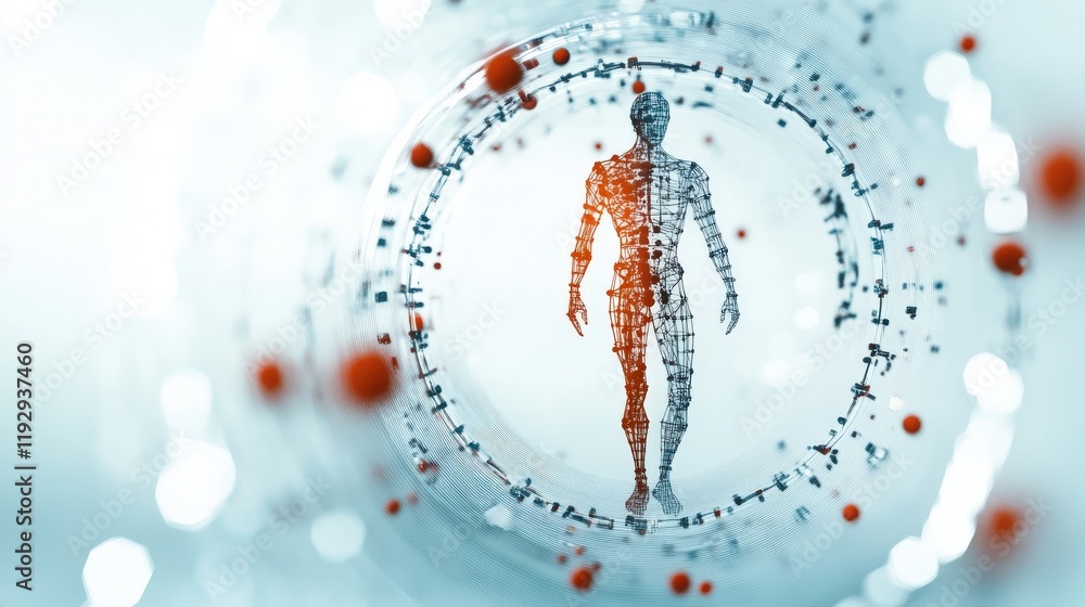 Poster Futuristic Human Figure Composed of Digital Lines and Nodes Surrounded by Abstract Circles Representing Technology and Biological Integration