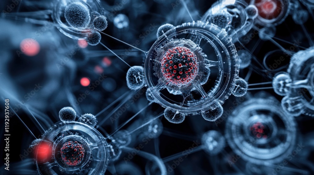 Poster Abstract Representation of Molecular Structures with Complex Interconnections and Vibrant Red Elements in a Dark Scientific Background for Educational and Research Purposes