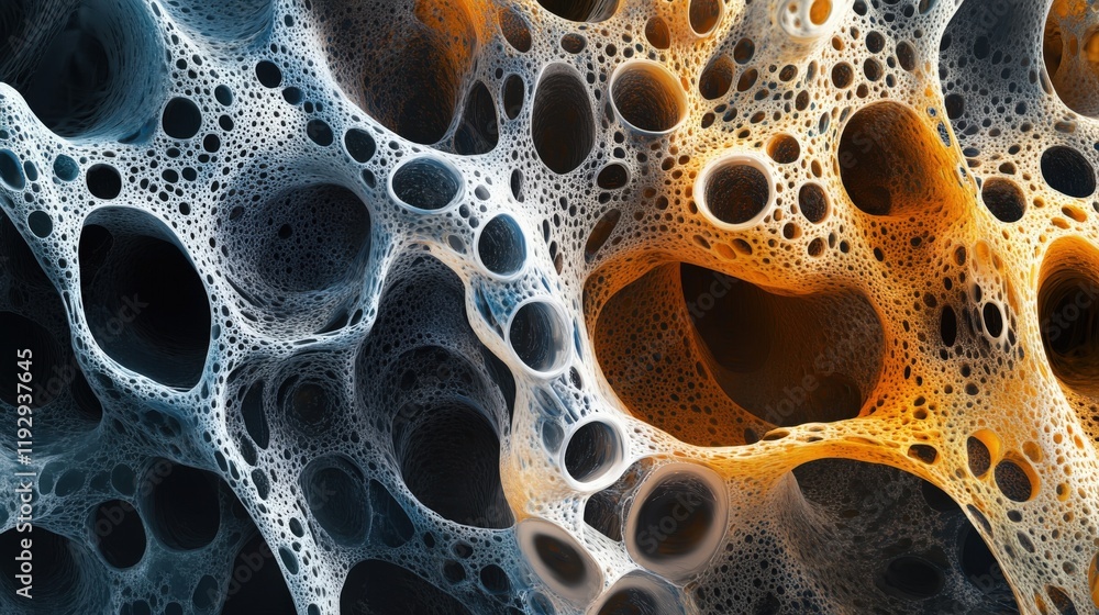 Poster abstract organic texture with intricate network of porous holes in soft pastel tones representing fl