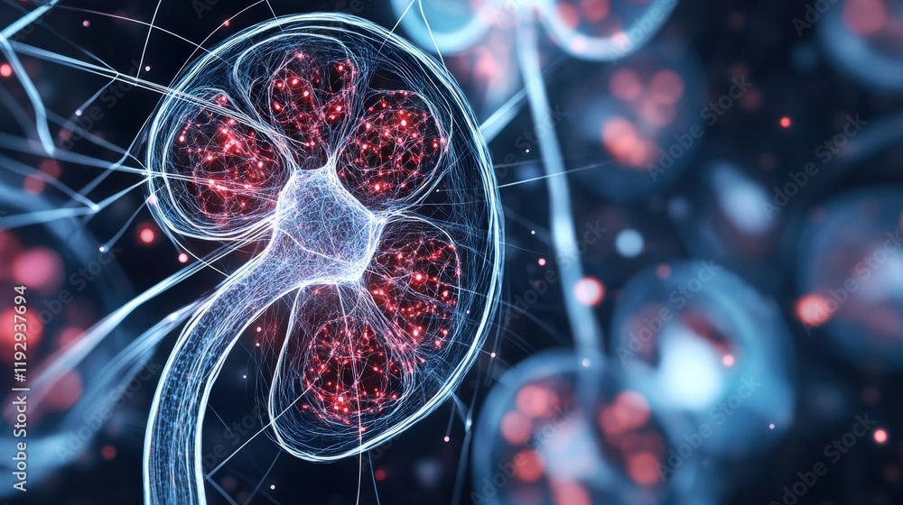 Aufkleber Abstract representation of human kidney cells showcasing vibrant red particles within a complex network of blue neuron-like structures, symbolizing health and biology concepts.