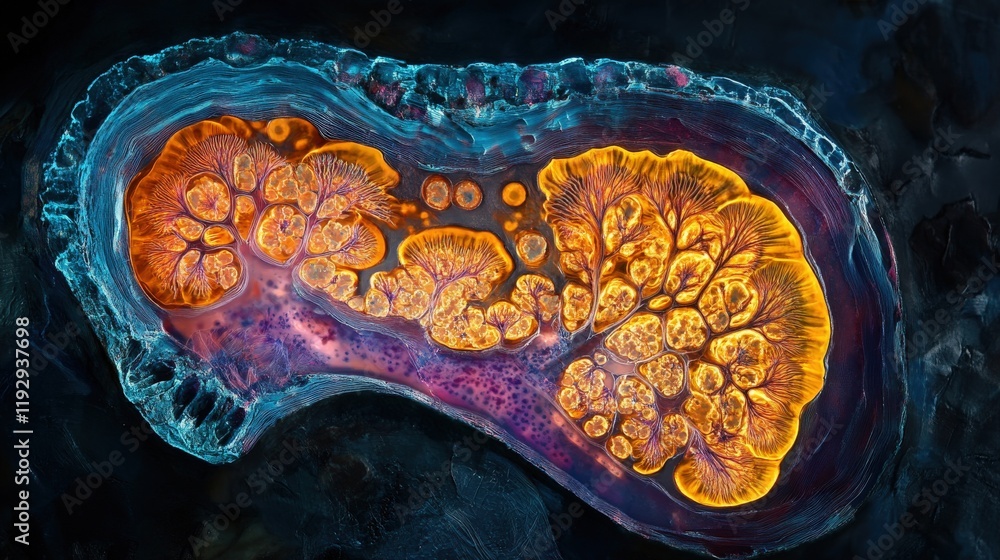Poster Vibrant Microscopic View of a Cell Organism Showcasing Intricate Structures and Beautiful Patterns Illuminated by Natural Light in Stunning Detail