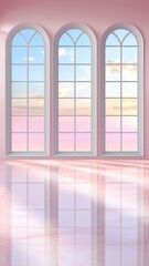 Tranquil sunset reflection through elegant windows serene room digital artwork calm environment aesthetic viewpoint