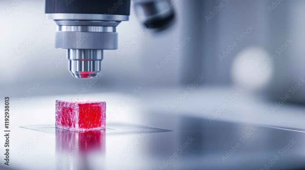 Poster detailed close-up of a microscope analyzing a glowing red cube under laboratory conditions, demonstr