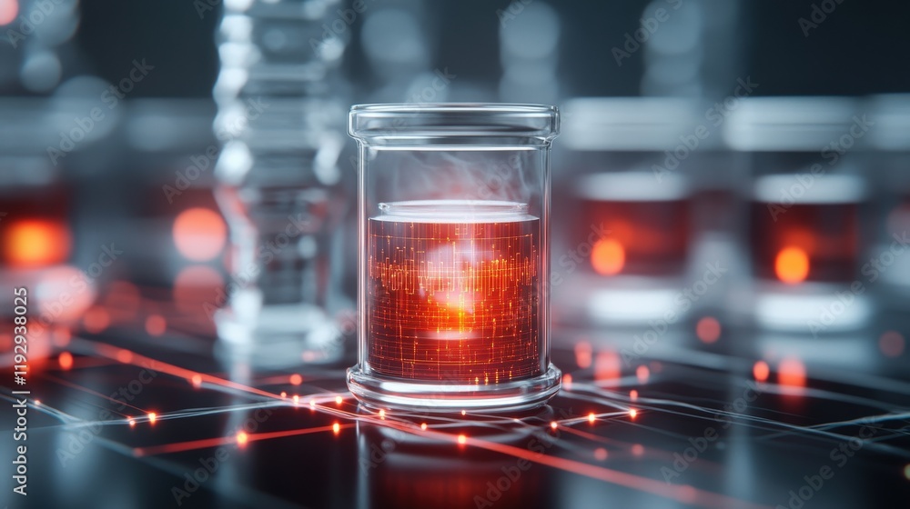 Poster futuristic laboratory scene featuring a glowing glass vial showcasing a vibrant red liquid surrounde
