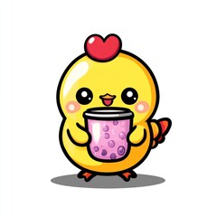 Obraz premium Cute chick enjoys boba tea on white background, perfect for kids' menu