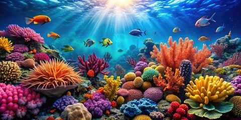 Obraz premium A colorful coral reef teems with life, from fish to sea fans to colorful seaweed, seaweed, coral reef, ocean creatures