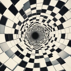 A spiraling tunnel of black and white tiles creating an optical illusion effect.