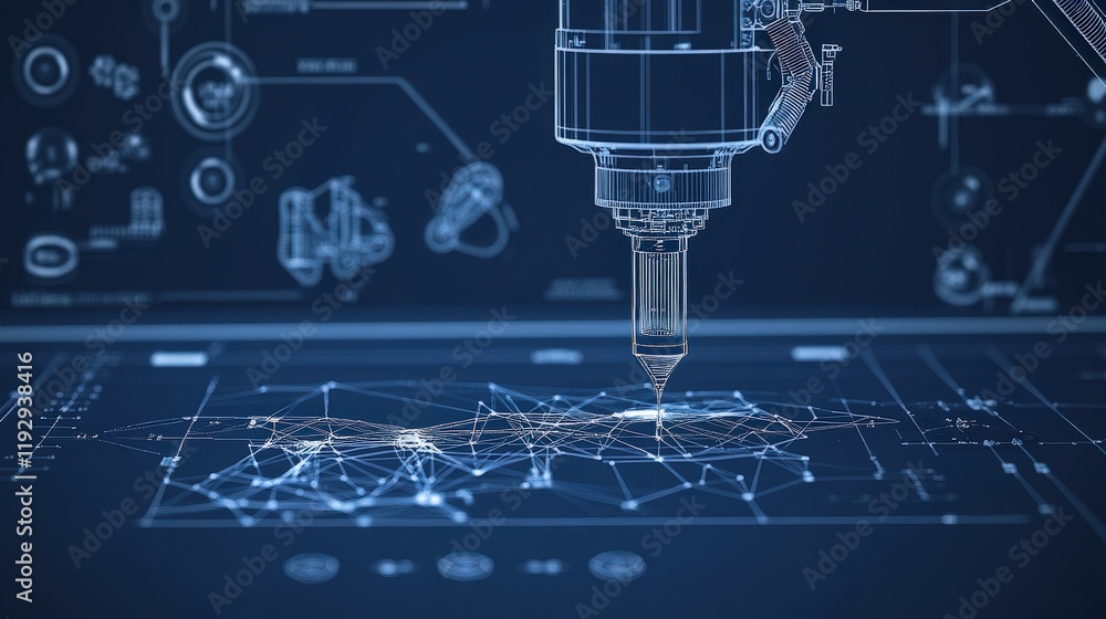 Fototapete Futuristic Digital Blueprint featuring Cutting-Edge Laser Technology Engaging in Precision Engineering with Abstract Data Visualization and Technical Diagrams
