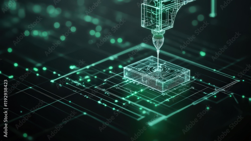 Fototapete Futuristic CNC Machine Engraving a Microchip in a High-Tech Digital Environment with Neon Green Grid and Data Points Representing Advanced Manufacturing Technology