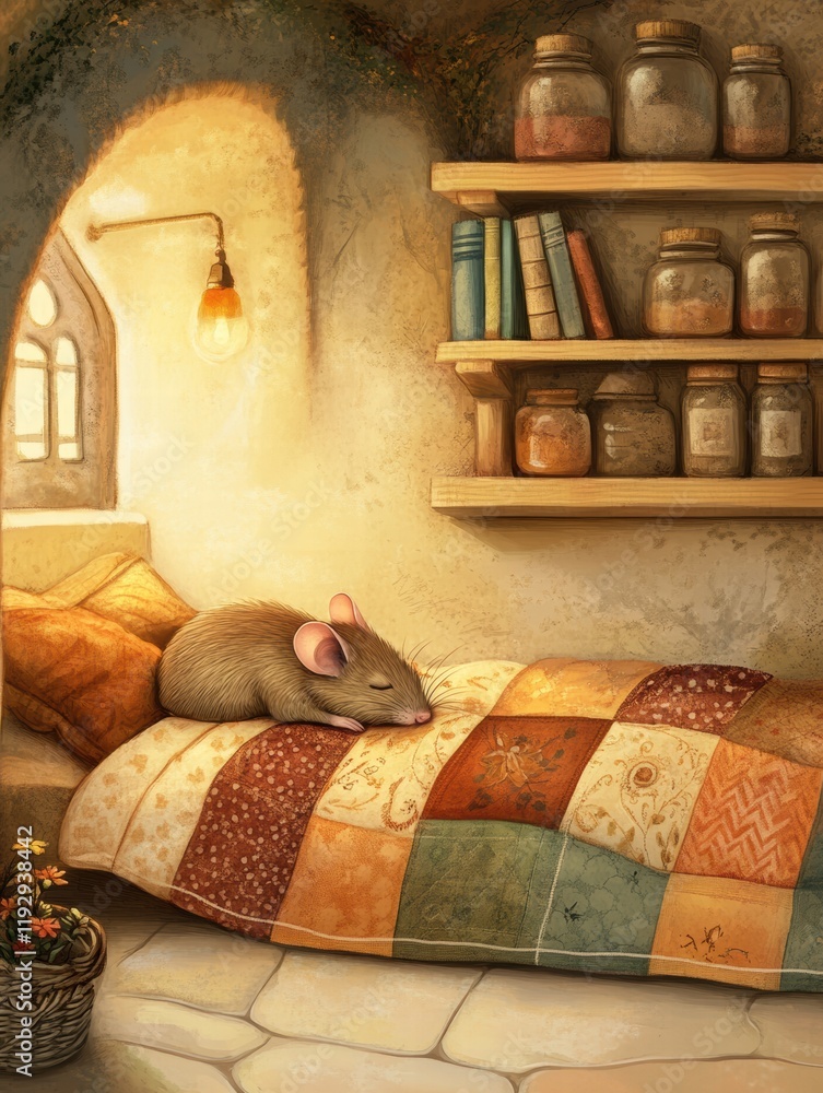 Aufkleber cozy illustration of a sleeping mouse on a patchwork bed in a quaint, warm room filled with jars and