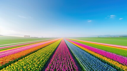 Vibrant tulip fields blooming in spring netherlands nature photography scenic landscape aerial view floral beauty