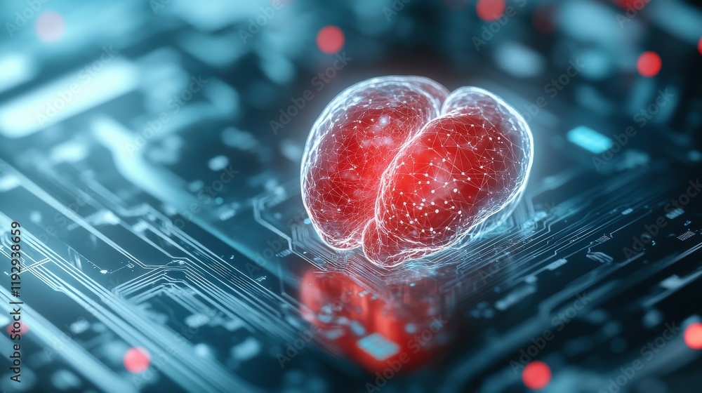 Aufkleber Abstract representation of cellular division amidst a futuristic digital landscape with vibrant red colors and luminous elements highlighting biotechnology concepts