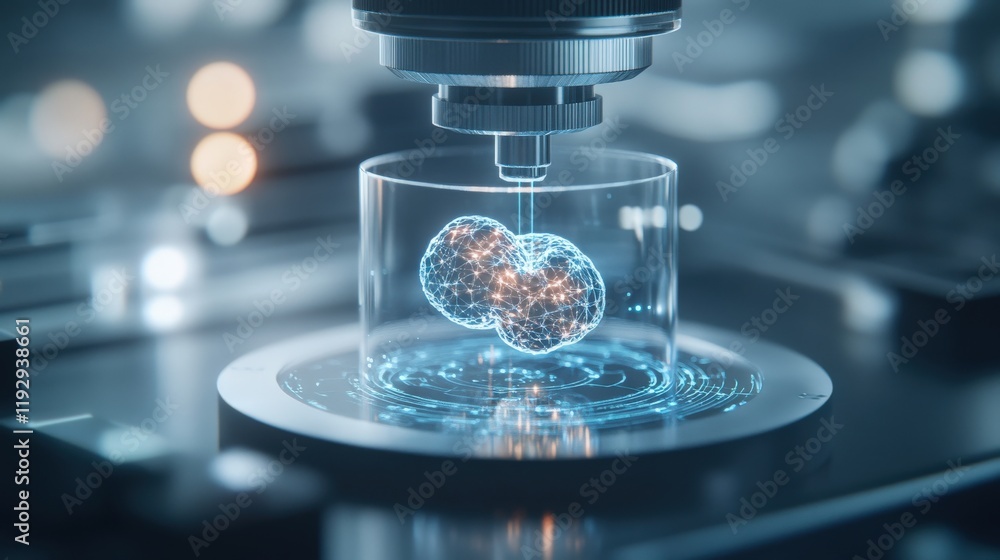 Poster High-Tech Microscope Focusing on Molecular Structures with Illuminated Particles in a Modern Laboratory Setting for Science and Technology Concepts