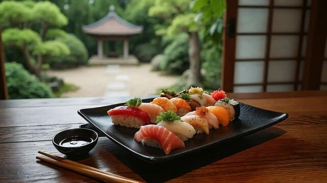 Surtido de sushi nigiri y maki en un jard&iacute;n japon&eacute;s