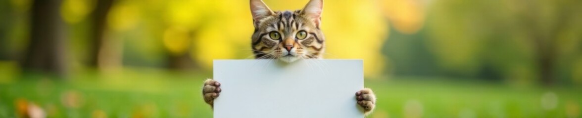 Tabby cat holding blank whiteboard in peaceful setting, simple composition, animals, serene environment