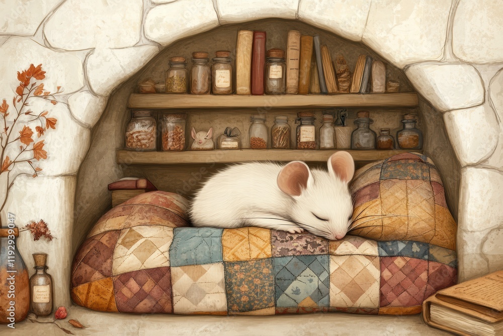 Poster Cozy mouse sleeping on a colorful patchwork quilt in a quaint bookshelf nook with jars and books. Generative AI