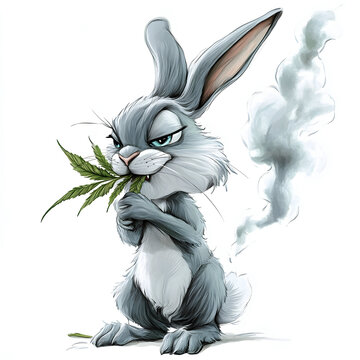 Cartoon bunny rabbit with a marijuana weed leaf in its mouth 