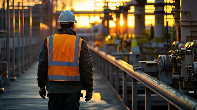 A worker in a reflective vest walks through an industrial site at sunset.
