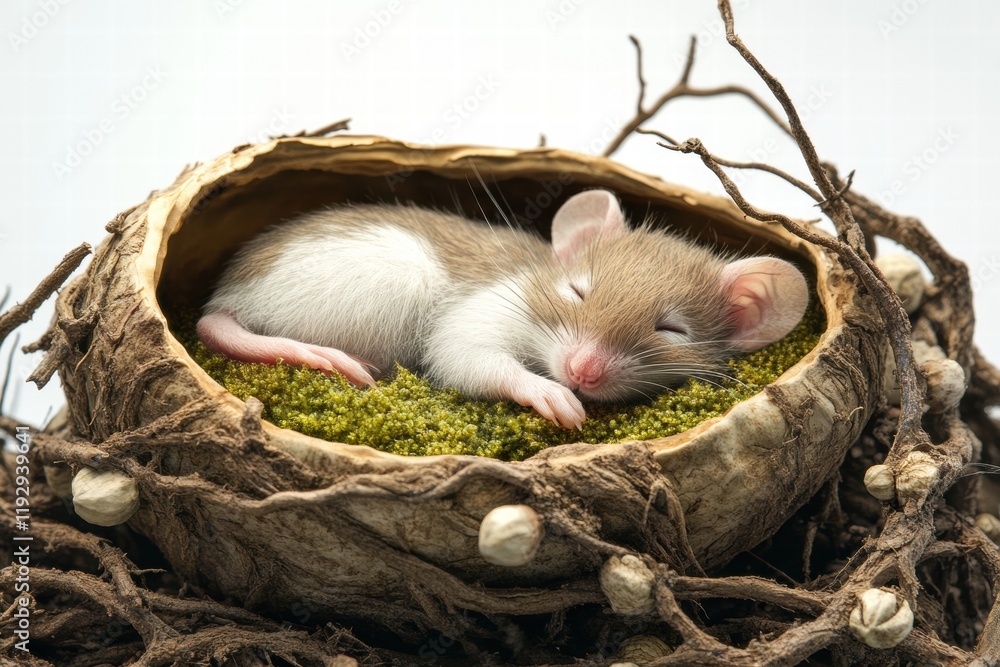 Poster sleeping mouse curled up in a cozy nest made of branches and moss in a peaceful setting. generative 